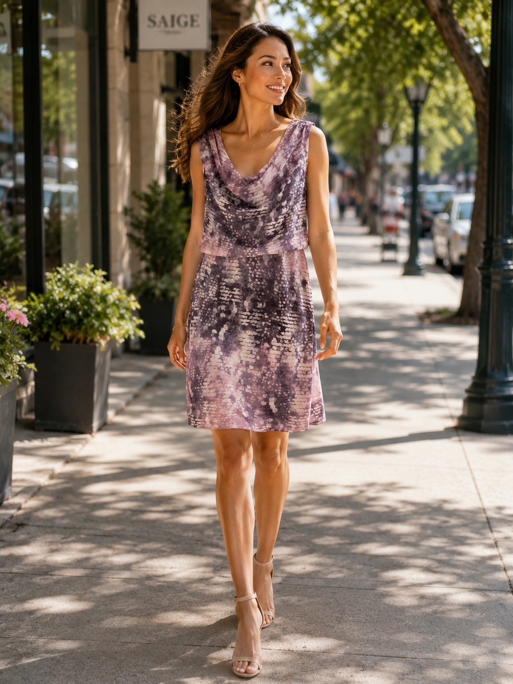 Suzy Shier Purple Printed Cowl Neck Mini Dress